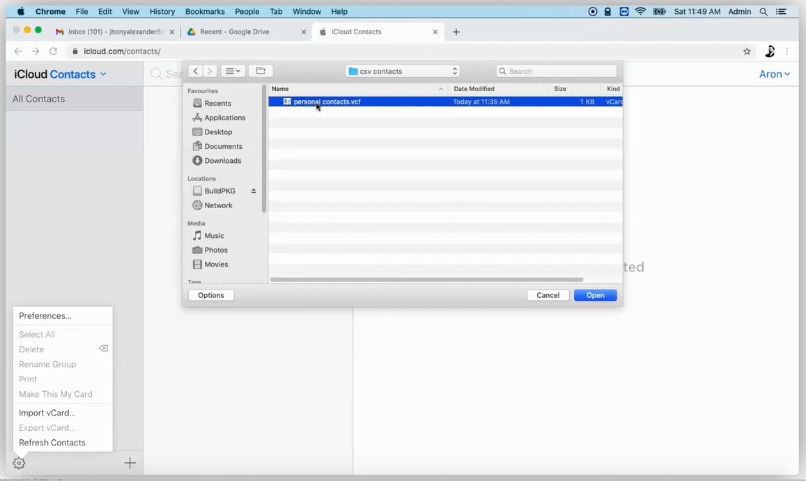 import the converted vcard file