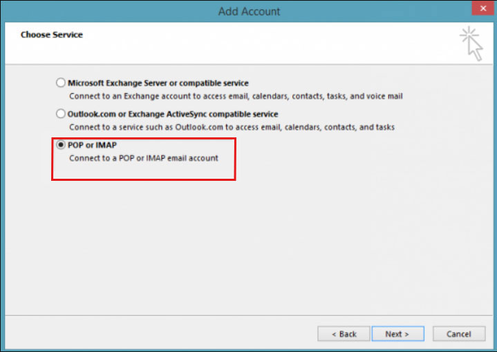 select pop or imap