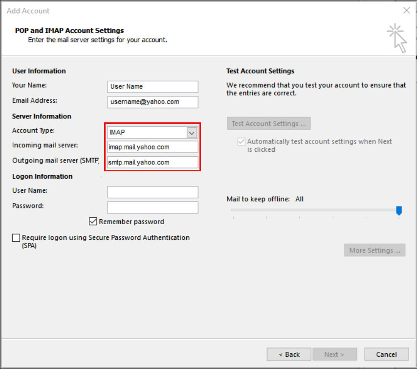 enter imap details