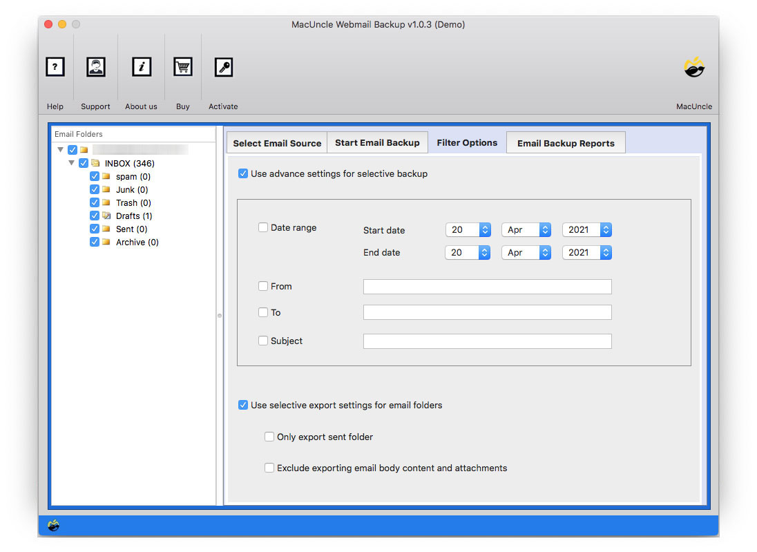 filter option to export emails from roundcube