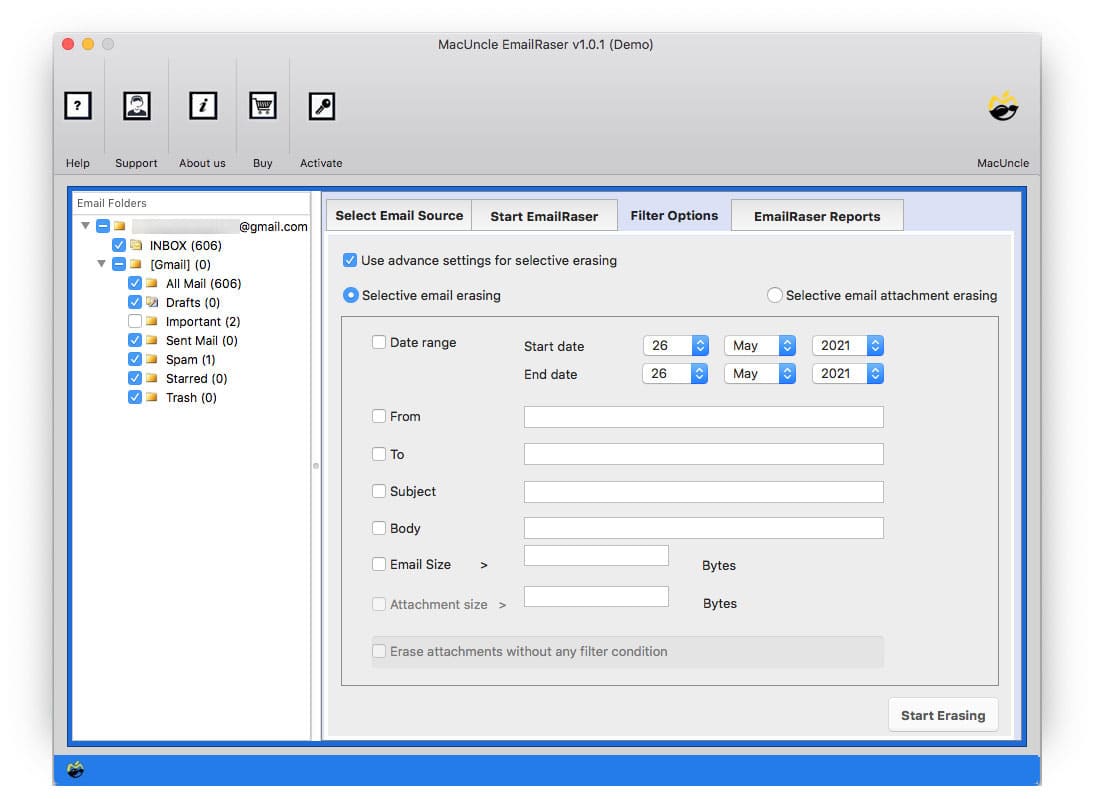 filter option to selectively delete gmx emails