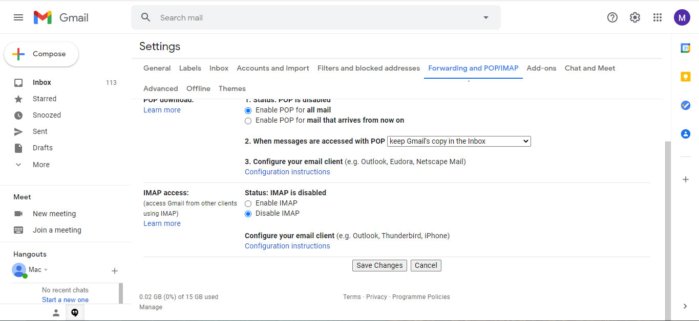 go to forwarding and pop settings