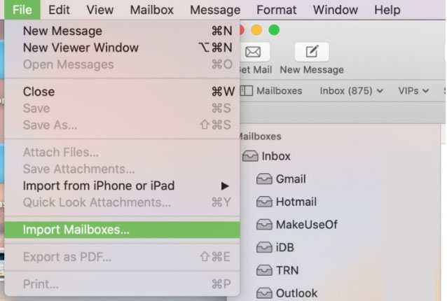 open apple mail and select import mailboxes