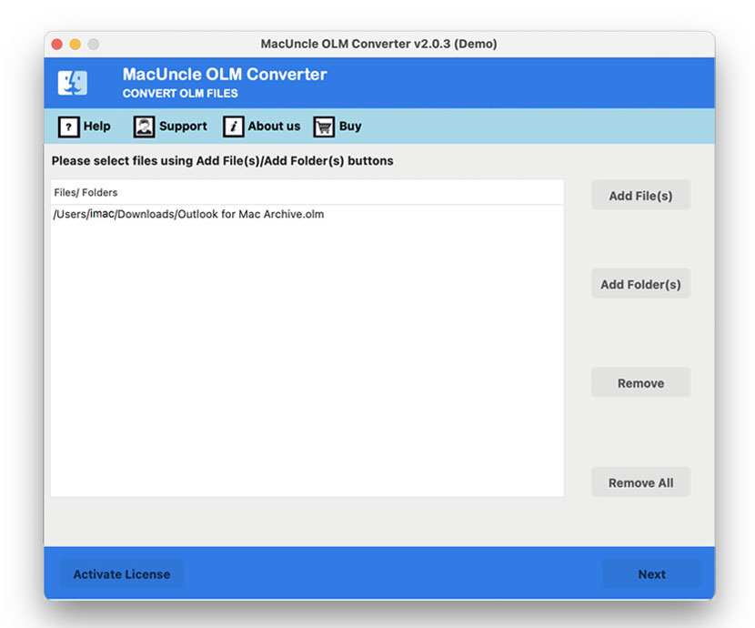 Select OLM files to Import OLM to Mac Mail